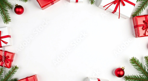 blank space for text against a merry christmas banner, surrounded by colorful gift boxes, fir tree branches, and red ornaments, all set on a crisp white background12 photo