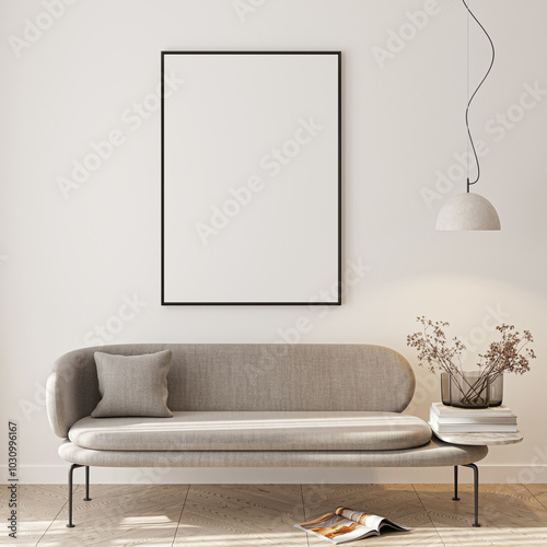 Frame mockup, ISO A paper size. Living room wall poster mockup. Interior mockup with house background. Modern interior design. 3D render
 photo