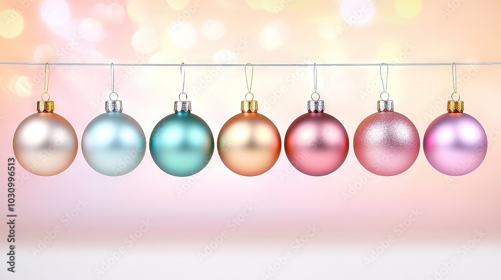 A string of Christmas ornaments dangles from a line against a pink and white backdrop, with a soft haze of twinkling lights behind them A string of Christmas ornaments dangles from a line against a pink and white backdrop, with a soft haze of twinkling lights behind them