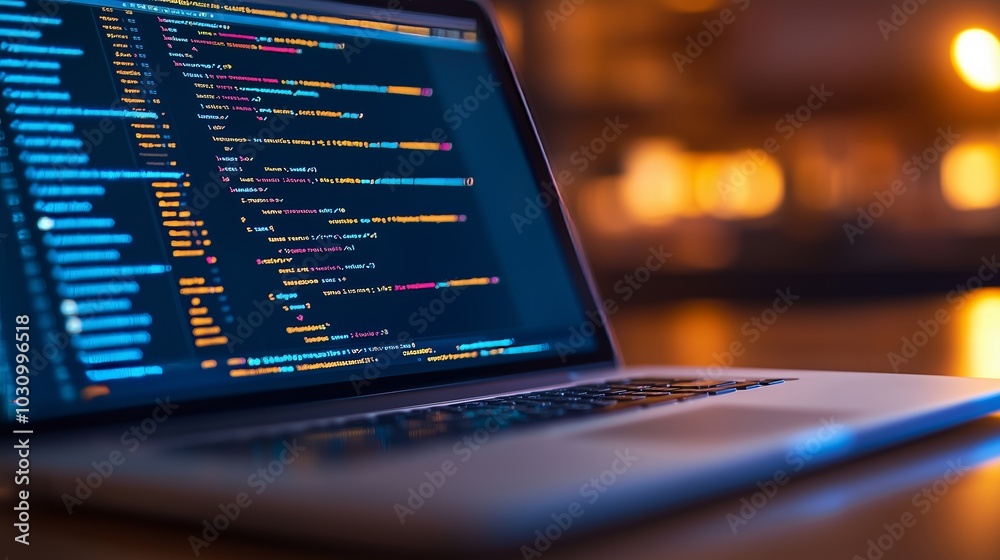 A laptop displaying software code, highlighting colorful syntax, set in a dimly lit, focused workspace. A laptop displaying software code, highlighting colorful syntax, set in a dimly lit, focused workspace.