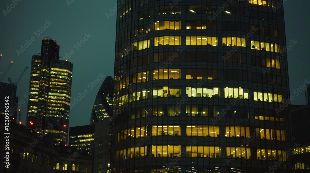 Fototapeta premium Illuminated Office Towers in a Cityscape at Night