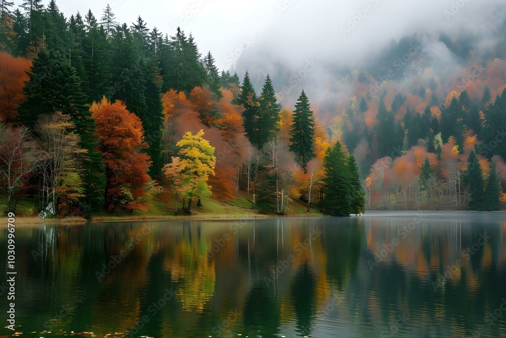 Fototapeta premium Misty autumn forest reflected in a calm lake