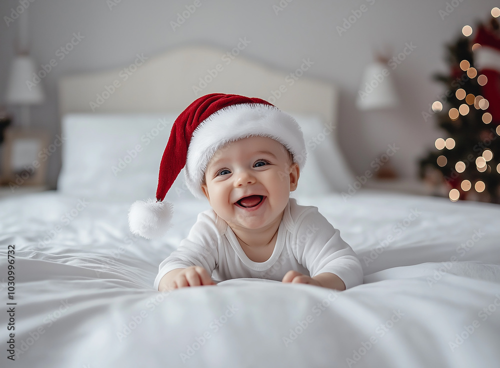 Smiling Baby in Santa Hat Lying on Bed with Christmas Tree in Background for Festive Holiday Baby Photography Smiling Baby in Santa Hat Lying on Bed with Christmas Tree in Background for Festive Holiday Baby Photography