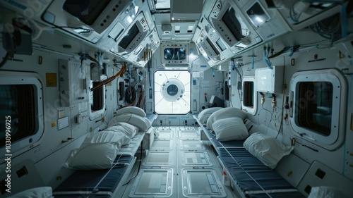 Fototapeta Naklejka Na Ścianę i Meble -  Interior of a modern space station capsule with sleeping quarters and equipment