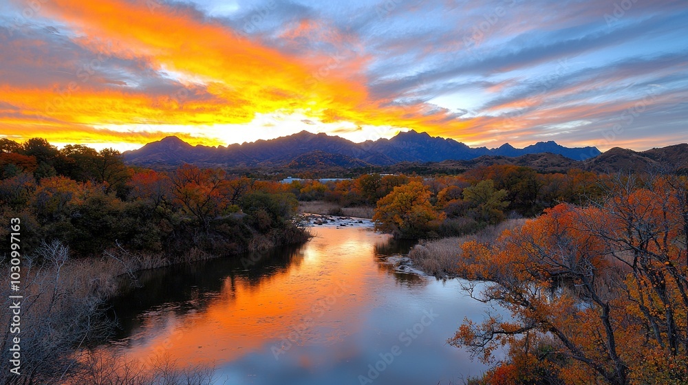 River flows through emerald forest under vibrant sky, sun setting on distant mountains River flows through emerald forest under vibrant sky, sun setting on distant mountains