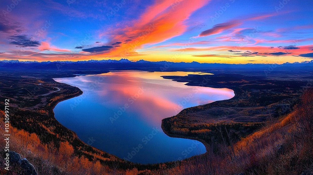 Fototapeta premium A lush green hillside surrounds a large body of water, with a purple and blue sky above and scattered clouds