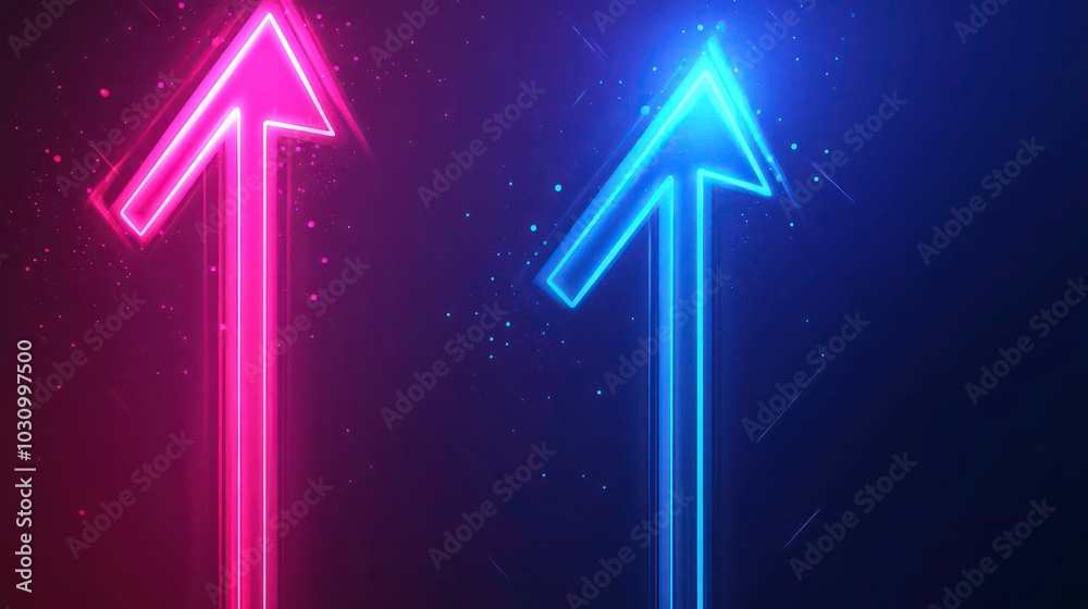 Two neon arrows pointing upwards, one in pink and the other in blue, on a dark background with sparkles. Two neon arrows pointing upwards, one in pink and the other in blue, on a dark background with sparkles.