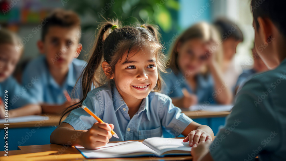 Happy Schoolgirl Writing in Classroom with Classmates