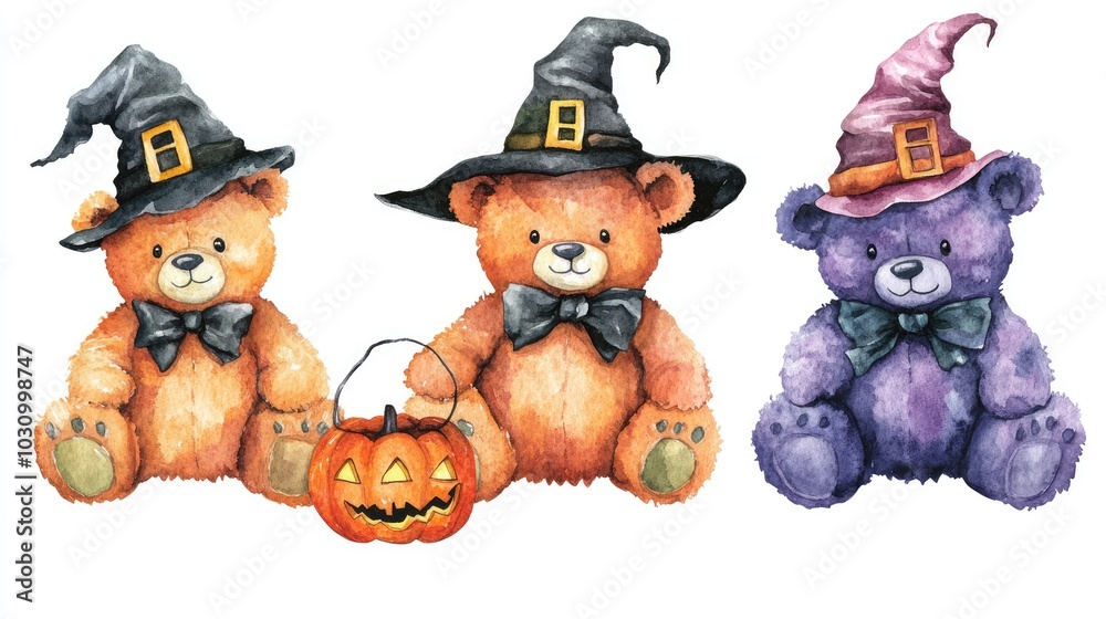 Three Halloween-themed teddy bears wearing witch hats, isolated on a white background.