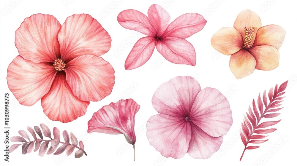Collection of pink blooming flowers on a white isolate background. Collection of pink blooming flowers on a white isolate background.