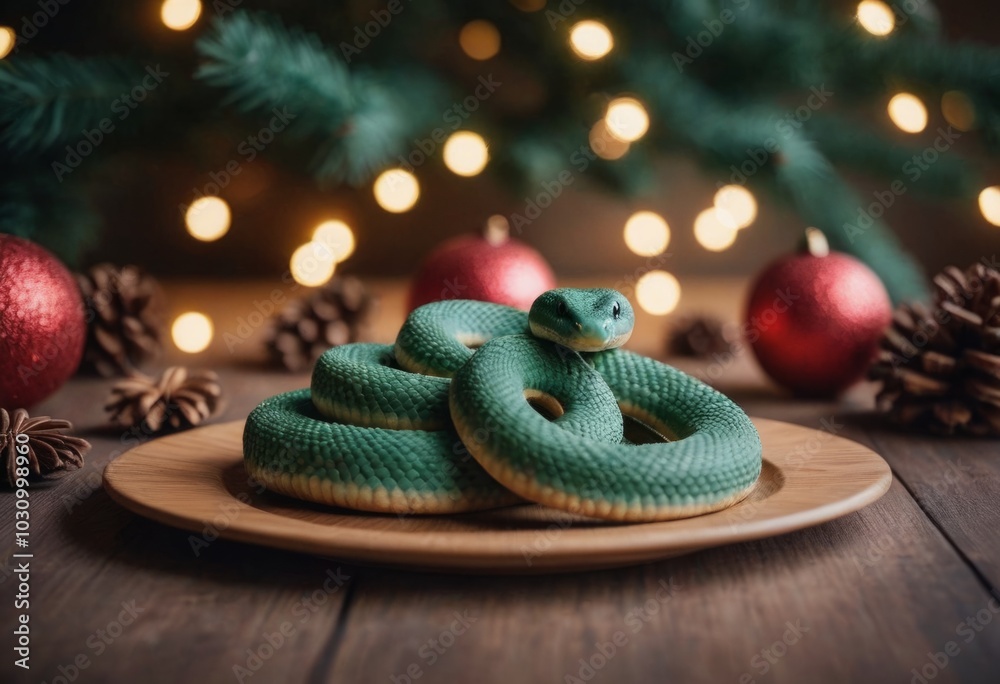 Green snake on a wooden plate with Christmas decorations and lights on the background. Green snake on a wooden plate with Christmas decorations and lights on the background.