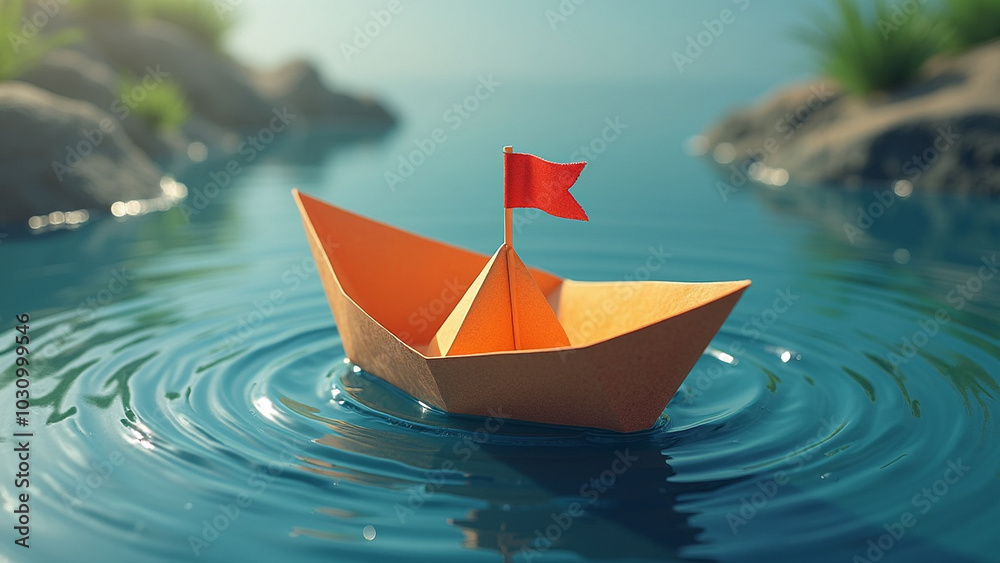 Tranquil Scene with Paper Boat and Red Flag on Water Tranquil Scene with Paper Boat and Red Flag on Water