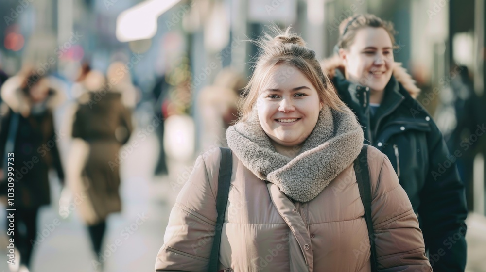 Winter urban scene with smiling women in cozy coats strolling through busy city street Winter urban scene with smiling women in cozy coats strolling through busy city street