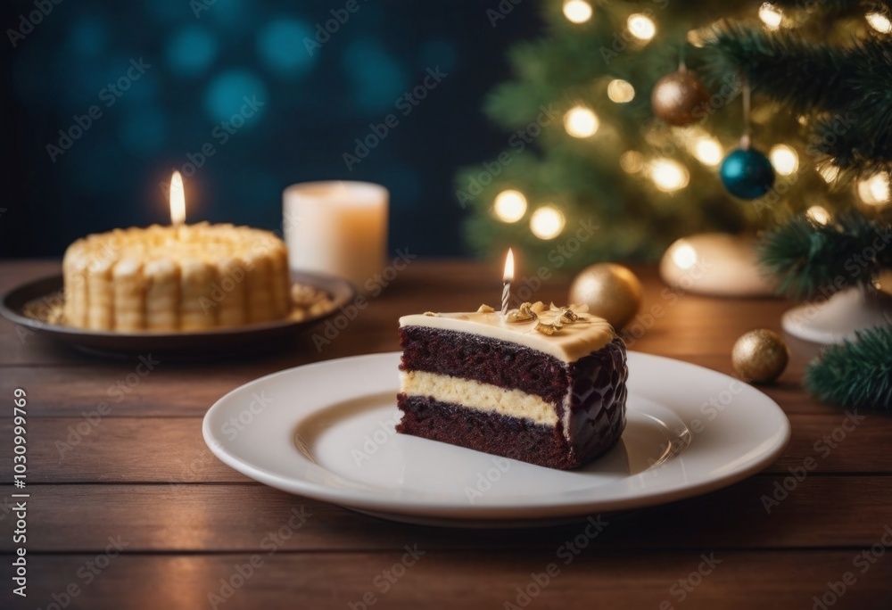 Chocolate cake and candles on a wooden table with Christmas tree in the background Chocolate cake and candles on a wooden table with Christmas tree in the background