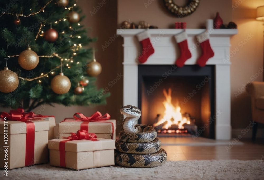 snake near christmas tree with gift boxes and fireplace at home snake near christmas tree with gift boxes and fireplace at home