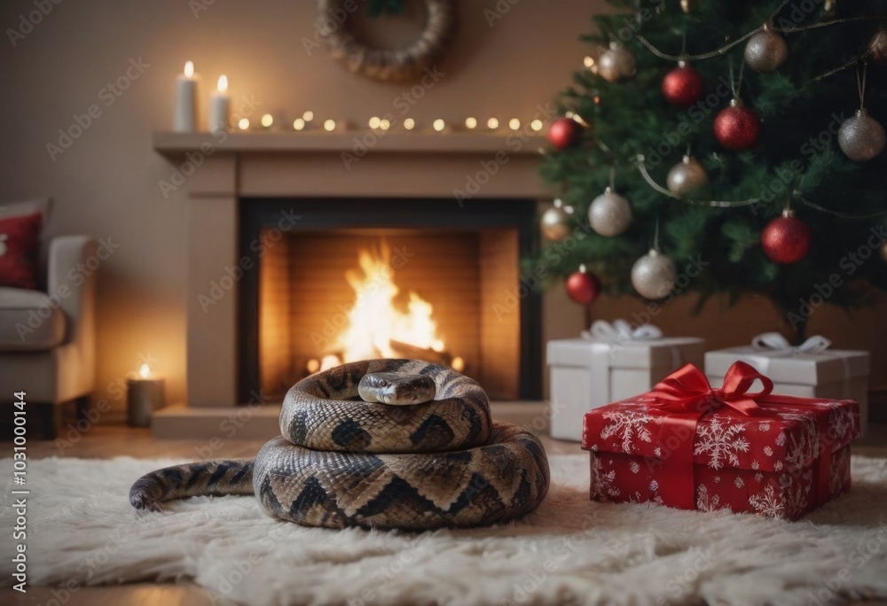 Christmas tree, fireplace and a snake with a gift in the background Christmas tree, fireplace and a snake with a gift in the background