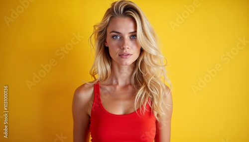 Blonde Woman in Red Top with Yellow Background for Fashion and Lifestyle Photography