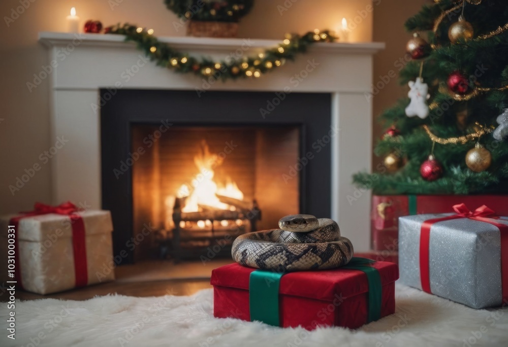 Christmas presents in front of fireplace at home in the living room. Christmas presents in front of fireplace at home in the living room.