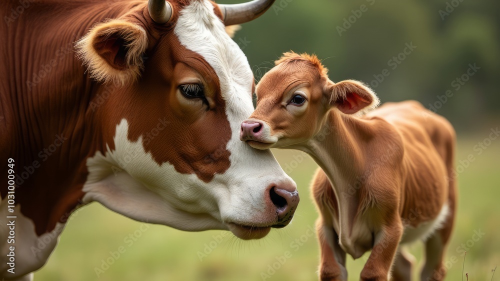 Mother Cow and Calf Sharing a Tender Moment in Pasture