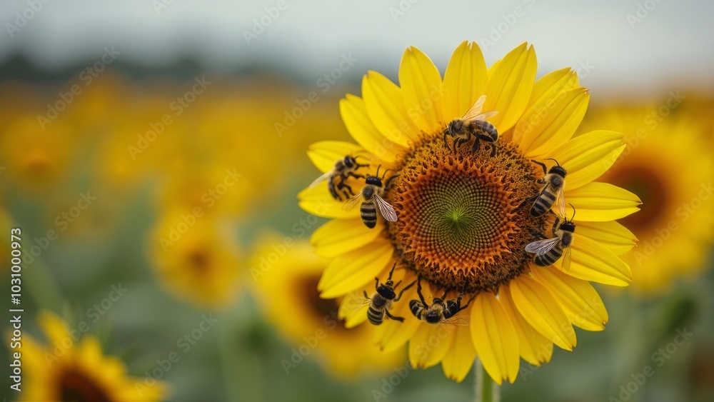 Fototapeta premium Vibrant Sunflower with Bees in a Blooming Field
