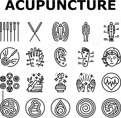 acupuncture massage therapy icons set vector. treatment medical, medicine spa, health chinese, alternative holistic, chiropractic acupuncture massage therapy black contour illustrations