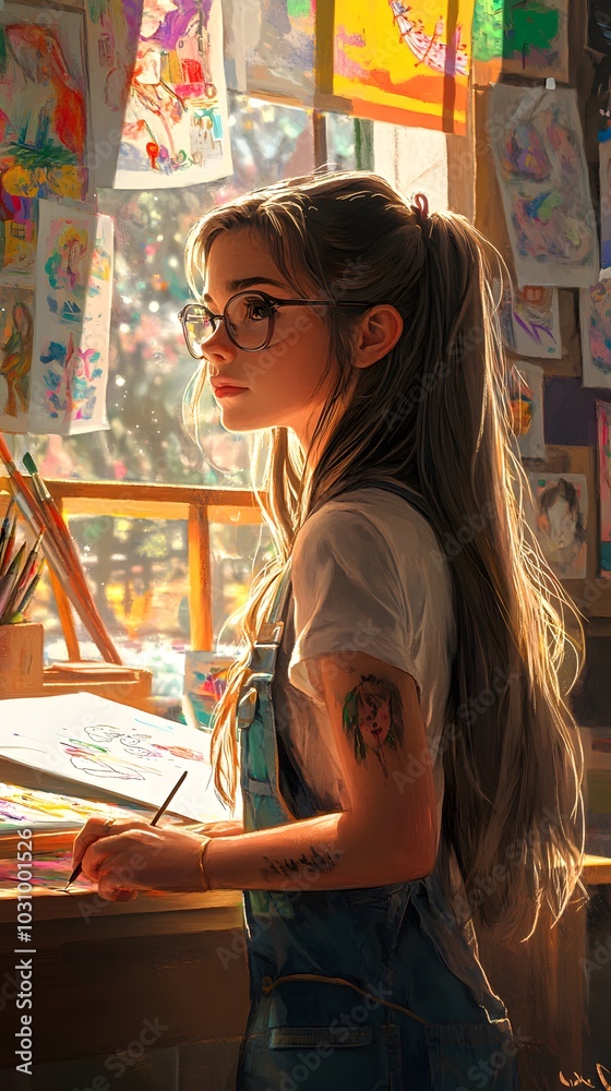 A cartoon-style girl with long hair, wearing glasses and overalls, is in an art studio surrounded by various painting tools like brushes, pencils, and paper A cartoon-style girl with long hair, wearing glasses and overalls, is in an art studio surrounded by various painting tools like brushes, pencils, and paper