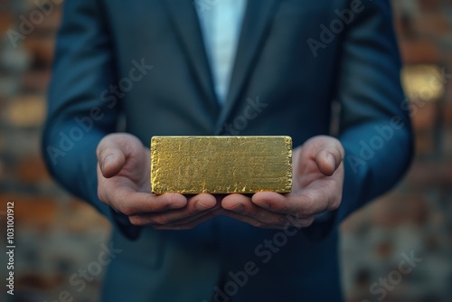 Gold Brick: Businessman Holding Precious Gold Brick in Hands photo