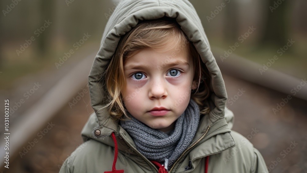 Young Child in Winter Coat Outdoors With Serious Expression Young Child in Winter Coat Outdoors With Serious Expression