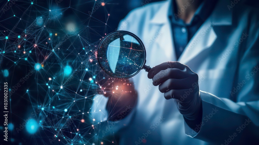 A scientist in a lab coat uses a magnifying glass to examine a complex network of connections. A scientist in a lab coat uses a magnifying glass to examine a complex network of connections.