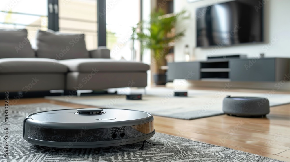 Modern living room with robotic vacuum cleaners navigating a stylish home environment Modern living room with robotic vacuum cleaners navigating a stylish home environment
