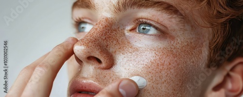 A young man with freckles delicately applies face serum, emphasizing skincare routines.