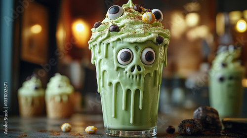 A Spooky Milkshake with Green Whipped Cream and Candy eyes on the side of the glass