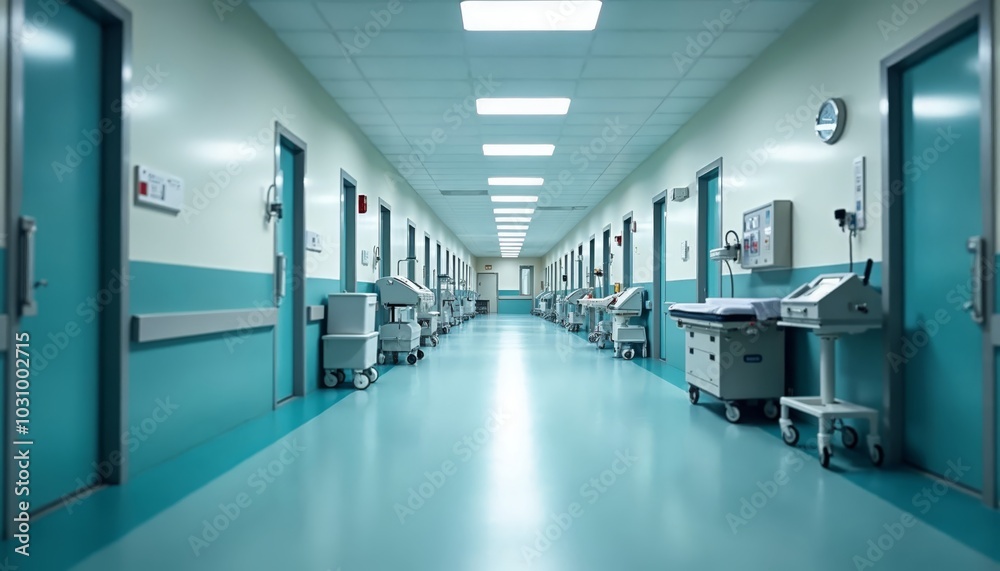 Calm and Clean Hospital Corridor with Medical Equipment and Quiet Atmosphere for Healthcare Professionals and Patients Calm and Clean Hospital Corridor with Medical Equipment and Quiet Atmosphere for Healthcare Professionals and Patients