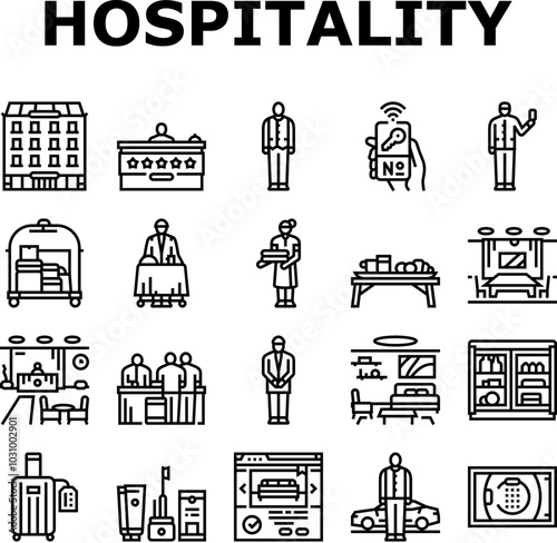 hospitality hotel service icons set vector. food, business reception, bed, event party, staff, breakfast, room restaurant, work hospitality hotel service black contour illustrations