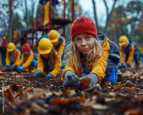 Volunteers building a playground in a local park. photo