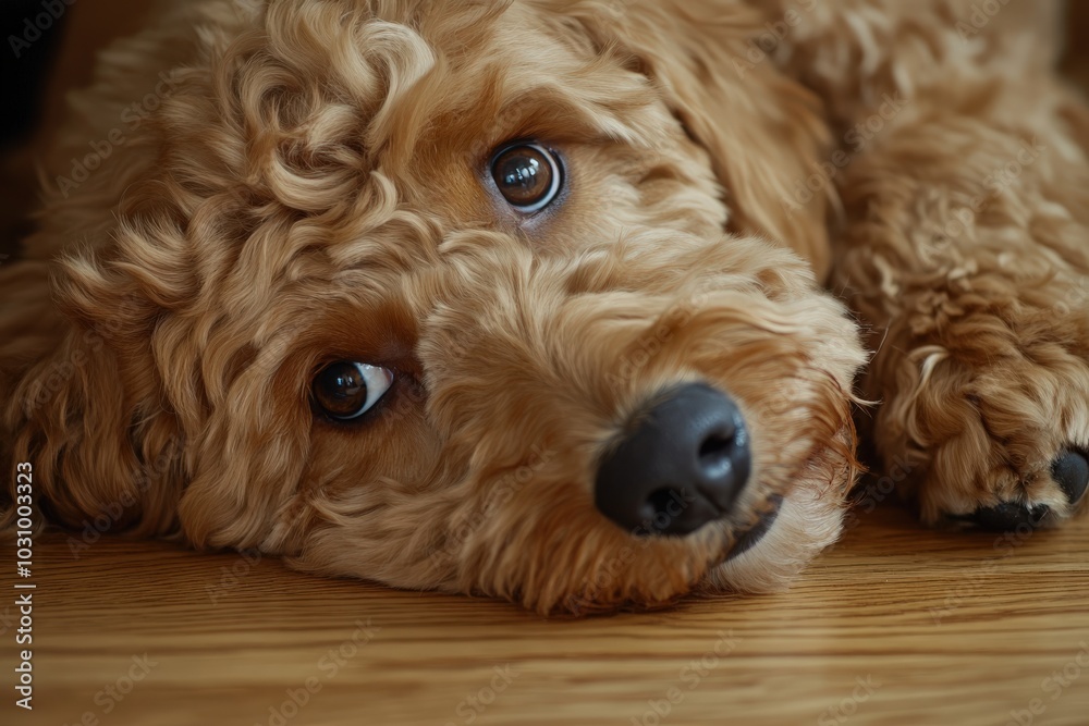 Fototapeta premium Golden Doodle Portrait. Adorable Puppy Dog in Golden Retriever Canino Gold Animal Pet