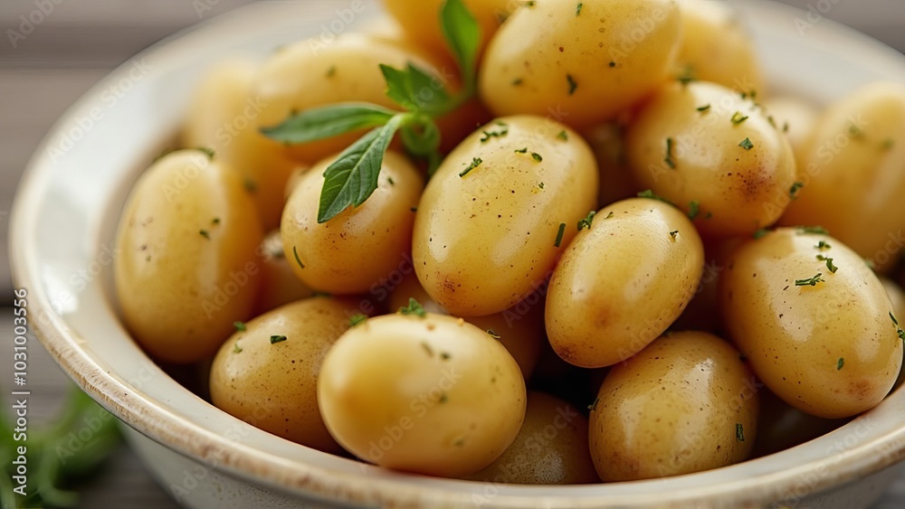 Close-Up of Freshly Cooked Baby Potatoes with Herbs Close-Up of Freshly Cooked Baby Potatoes with Herbs