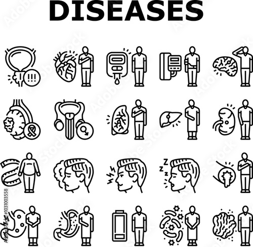 man disease health medical icons set vector. prostate, stroke, diabetes, blood pressure, obesity, depression man disease health medical black contour illustrations