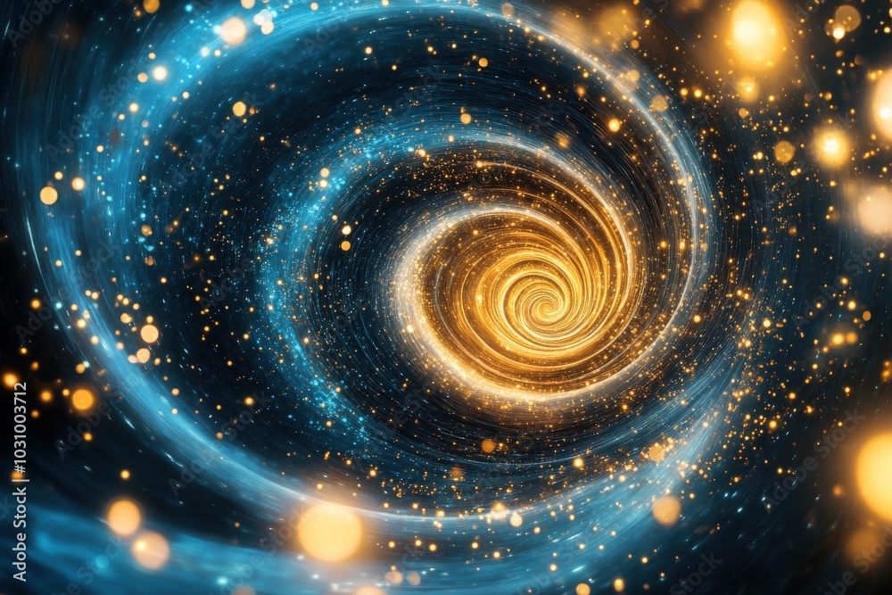 Obraz premium Golden Spiral in Abstract Universe Background with Gold Center and Blue Galaxy