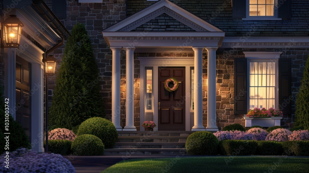 Fototapeta premium Stone-Faced House with Porch, Wreath, and Lantern Lights at Dusk