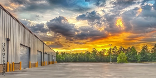 The contrast between nature and industry is highlighted by the scenic clouds. 