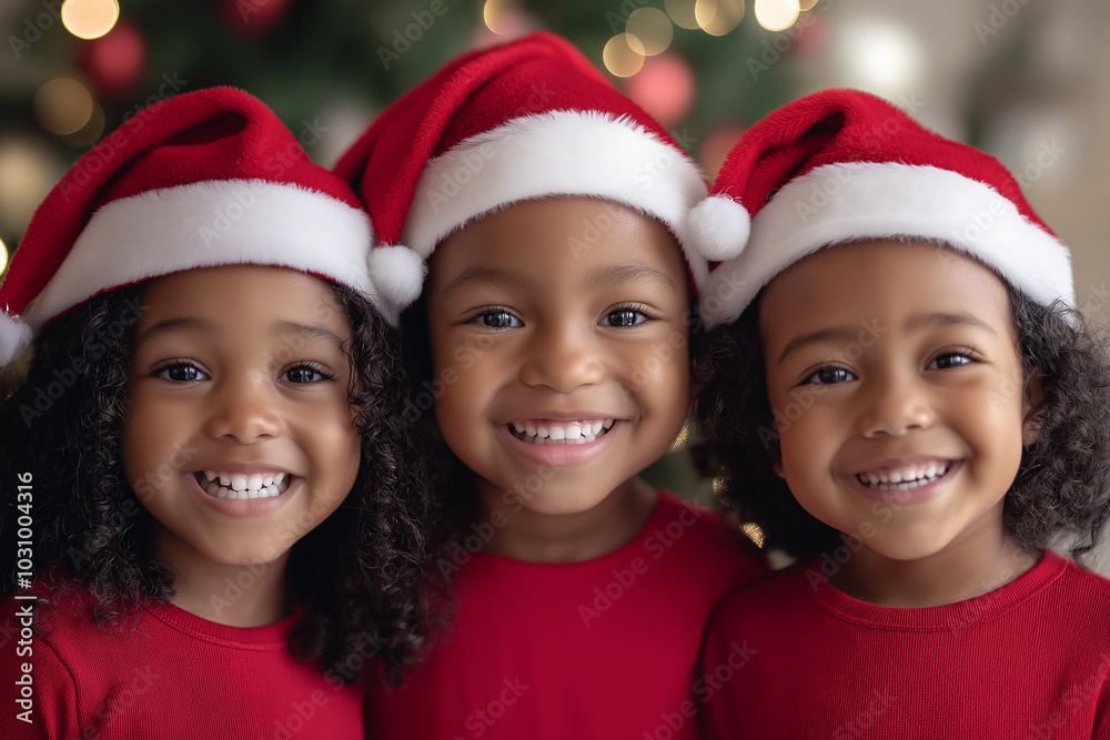 Three Adorable Children in Santa Hats Smiling in Festive Christmas Setting for Cute Holiday Themed Portrait Photography