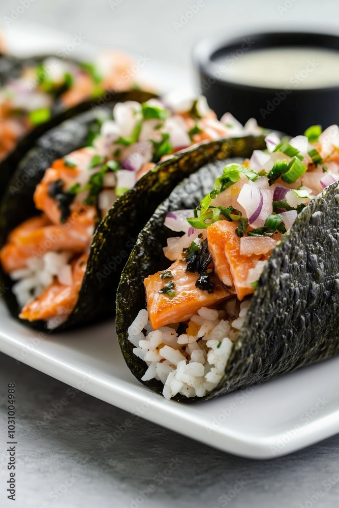 crispy seaweed tacos filled with spicy salmon, diced onions, and rice, topped with seaweed flakes, served with a side of dipping sauce on a white plate