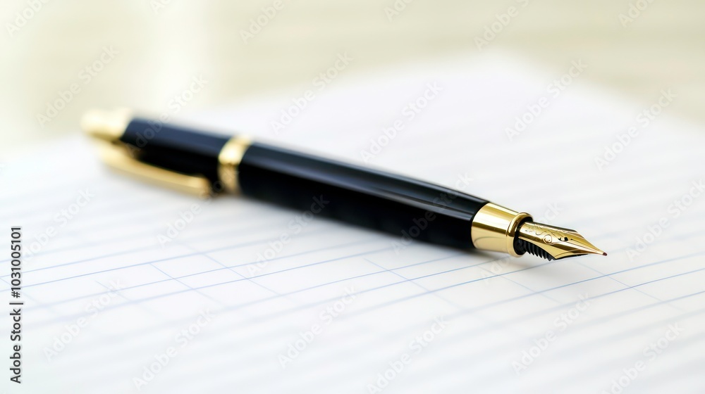 A black fountain pen with gold accents lays on lined paper, ready to write. A black fountain pen with gold accents lays on lined paper, ready to write.