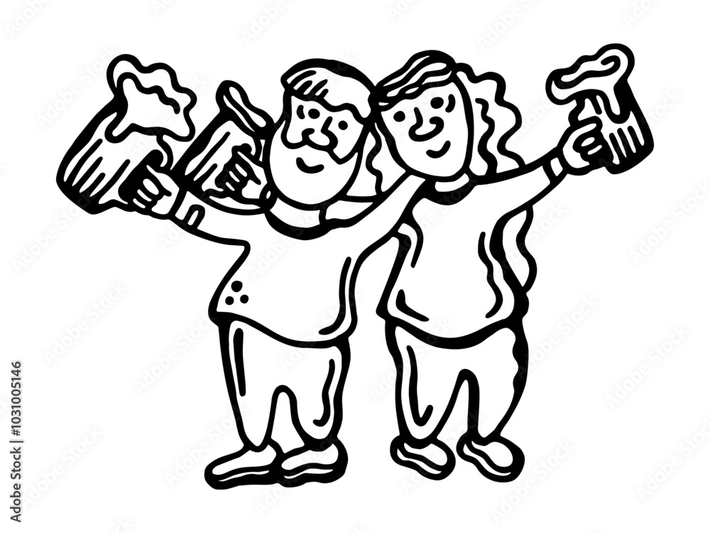 A fun black-and-white hand-drawn illustration of two friends cheerfully toasting with beer mugs, perfect for celebration, friendship, and party-themed designs. A fun black-and-white hand-drawn illustration of two friends cheerfully toasting with beer mugs, perfect for celebration, friendship, and party-themed designs.