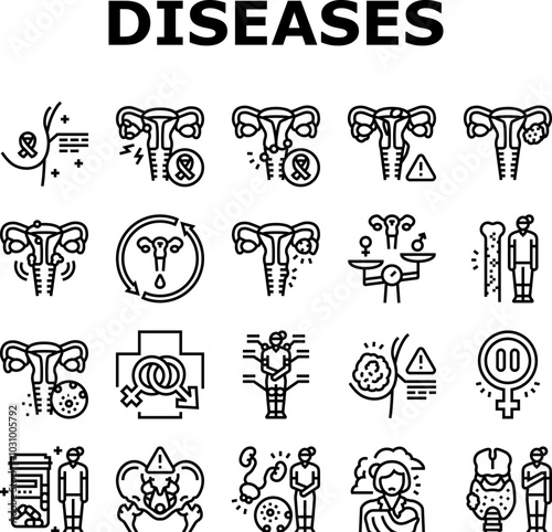 woman health medical care icons set vector. breast cancer, endometriosis, menstrual, osteoporosis, hormonal imbalance, menopause woman health medical care black contour illustrations