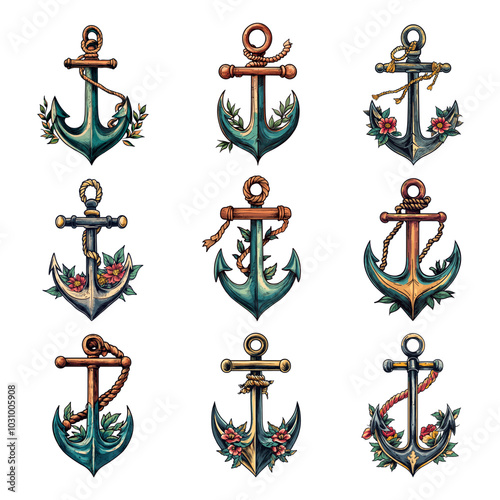 Anchors set. Metallic anchor sea transportation symbols ropes and plants, old school tattoo style vector illustration