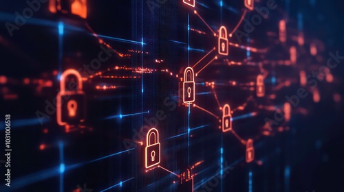 Abstract digital background with glowing padlock icons connected by lines, representing cybersecurity and data protection.