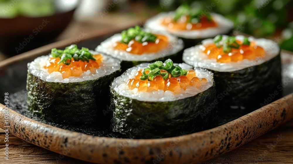 Delicious plate of sushi served with soy sauce and wasabi, representing traditional Japanese cuisine and culinary artistry Delicious plate of sushi served with soy sauce and wasabi, representing traditional Japanese cuisine and culinary artistry
