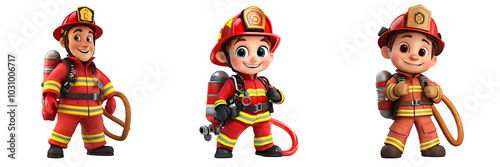 Set of A cartoon firefighter character isolated on transparent background (2)